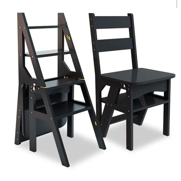 LIEHD 4 Tier Folding Step Ladder, Convertible Multi-Functional 3-in-1 Wood Ladder Chair, 265 lbs Capacity Display Ladder and Storage Shelf for Library, Home Kitchen (Black), 37.5x35x90cm