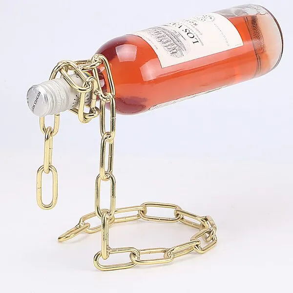 TBWHL Novelty Magic Wine Bottle Holder Floating Steel Link Chain Wine Bottle Rack/Holder - Holds Bottles in The Air（Gold）