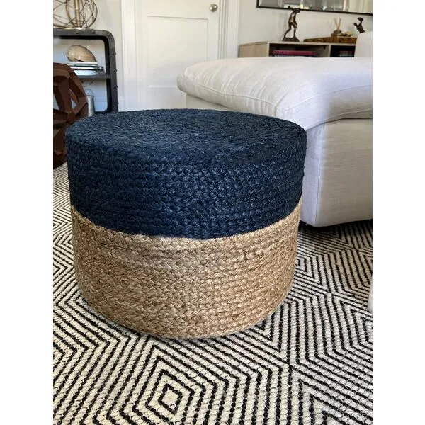 S & L Homes Pouf Ottoman - 100% Jute Braided Footrest Pouf Hand Knitted Traditional Cord Boho Pouffe for Living Room, Bedroom, Nursery, Patio, Lounge Colorblock - Natural Navy (18”x18”x12”)
