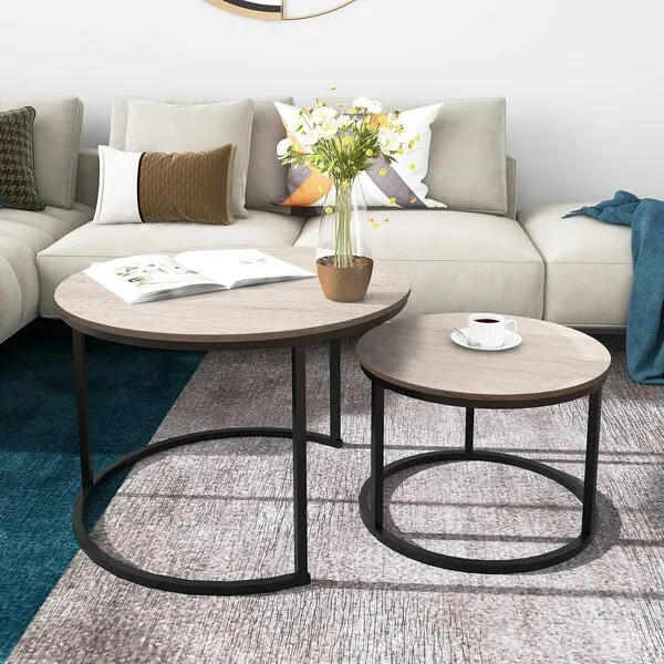 HOMERECOMMEND Round Coffee Tables Nesting Side Set of 2 End Tables for Living Room,Round Table with Solid Powder-Coated Metal Frame Natural Wood Color/Black