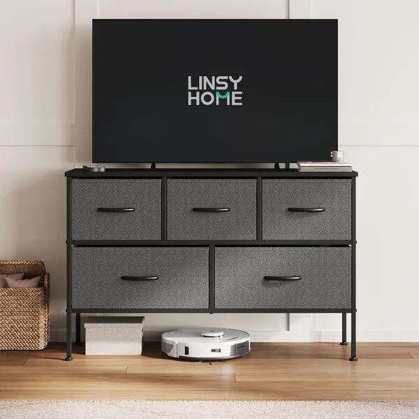 LINSY HOME Dresser for Bedroom with 5 Drawers, Fabric Long Dresser, Wide Chest of Drawers, Storage Organizer Unit for Closet, Living Room, Hallway, Nursery Dark Grey