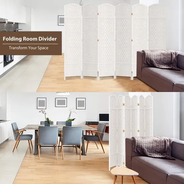 Duraspace 6 Panels Room Divider 6 FT Tall Weave Fiber Privacy Screen Freestanding Double Hinged Folding Screen Extra Wide Room Dividers for Patio Privacy (Off White)