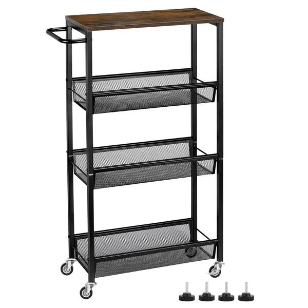 MOOACE Slim Storage Cart, 4 Tier Rolling Kitchen Shelving Unit on Wheels Mobile Narrow Cart with Wooden Tabletop for Bathroom, Laundry Narrow Places, 16.6\'\'x 7.3\'\'x 31.1\'\'inch