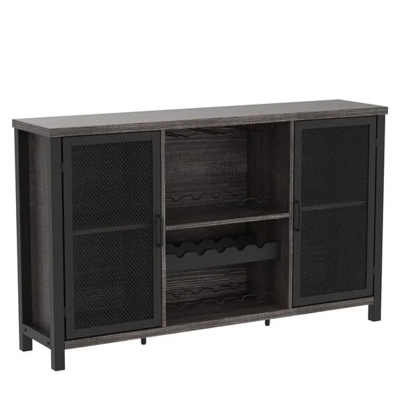 IBF Industrial Wine Bar Cabinet, Rustic Coffee Cabinet for Liquor and Glasses, Farmhouse Home Dining, Kitchen Sideboard Buffet with Rack Storage, Dark Oak, 55 Inch