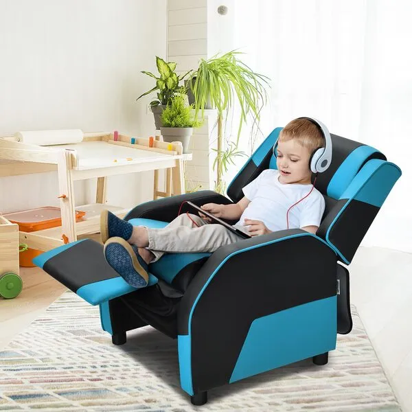HONEY JOY Kids Recliner, Youth Game Reclining Chair w/Headrest & Back Pillow, Upholstered Leather Lounge Chair for Boys Girls, Manual Adjustable Toddler Single Sofa Chair for Living Room (Blue)