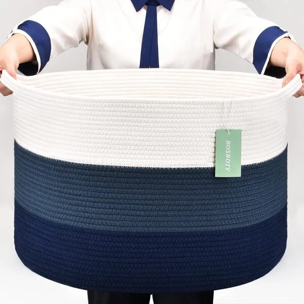 BOSROTY Extra Large Blanket Basket 87L, Laundry Hamper, Baby Nursery Hamper, Large Laundry Basket For Girls Boys, Cotton Rope Basket, clothes basket laundry, 22”x 14”, White&Cadet Blue&Navy Blue