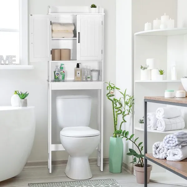 MUPATER Bathroom Over-The-Toilet Storage Cabinet Organizer with Shelves and Doors, Small Freestanding Toilet Shelf Space Saver with Anti-Tip Design and Adjustable Bottom Bar, White