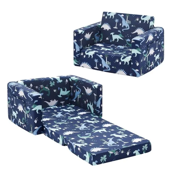 Ulax furniture Children Sofa Chair for Reading, Kids FILP-Out Polyurethane Chair, Lightweight, Convertible Sofa to Sleeper Couch (Navy Dinosaur)