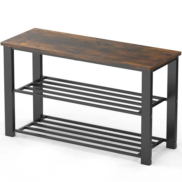 Simple Houseware Wood Top Shoe Storage Bench for Entryway, Rustic Brown