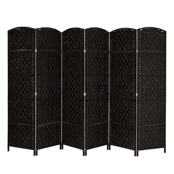 VINGLI 6-Panels Tall Rattan Room Divider, 6 FT Folding Privacy Screen, Indoor Partition Wall Dividers, Freestanding Hinged Space Separator (Black)