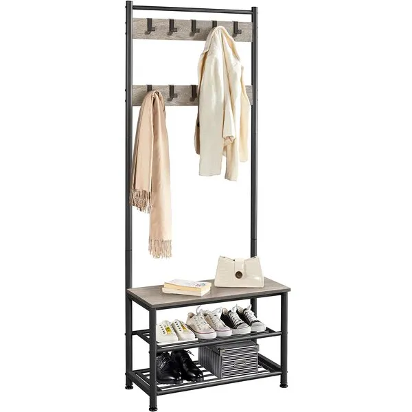 Yaheetech Coat Rack, Hall Tree with Shoe Bench, Entryway Shoe Storage with Coat Rack Stand, 9 Movable Hooks, Industrial Entryway Furniture, Gray