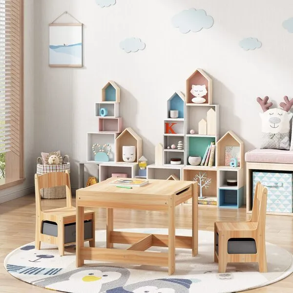 Sandinrayli Wooden Kids Table and Chair Set, 3 in 1 Kids Dining Table with Chairs, Toddler Table and Chair Set with Storage Drawer, Children Activity Table for Playing, Drawing, Reading
