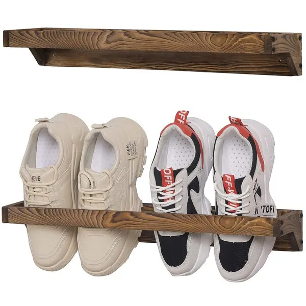MyGift Set of 2 Solid Wooden Wall Mounted Shoe Rack Storage Organizer with Rustic Burnt Wood Finish, Hanging Footwear Holder for Closet, Mudroom, Entryway, Holds 4 Pairs