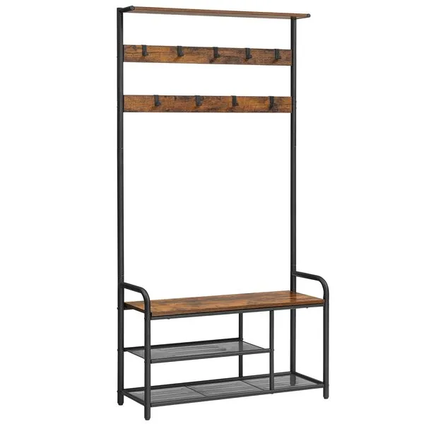 VASAGLE Hall Tree, Coat Rack with Shoe Bench, Entryway Bench with Storage, 9 Removable Hooks, Top Shelf, Hallway Bedroom Dorm Apartment, Industrial, Rustic Brown and Black UHSR409B01