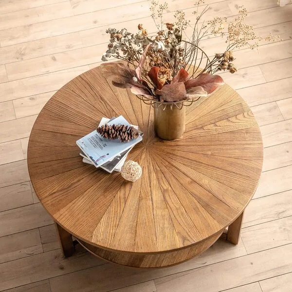 DS-HOMEPORT Wood Round Coffee Table for Living Room, 2 Tier Circle Coffee Table with Storage, Rustic Natural Coffee Table for Apartment, Easy Assembly (Espresso,35\