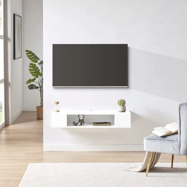 GHC Floating TV Stand, Wall Mounted Entertainment Center and Cabinet Shelf, TV Console with Storage，Media Console for DVD Player, Space-Saving Under TV Shelf for Bedroom, Living Room (White)