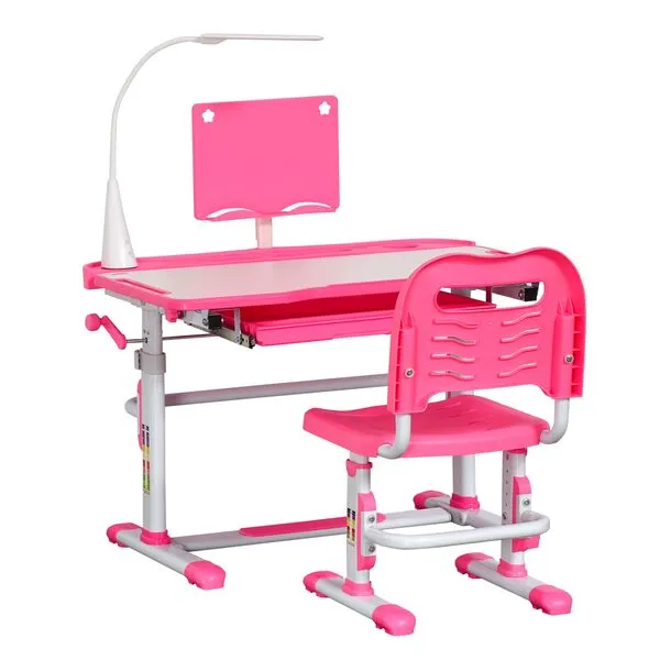 Qaba Kids Desk and Chair Set, Height Adjustable School Study Table and Chair, Student Writing Desk with Tilt Desktop, LED Light, Pen Box, Drawer, Reading Board, Cup Holder, and Pen Slots, Pink