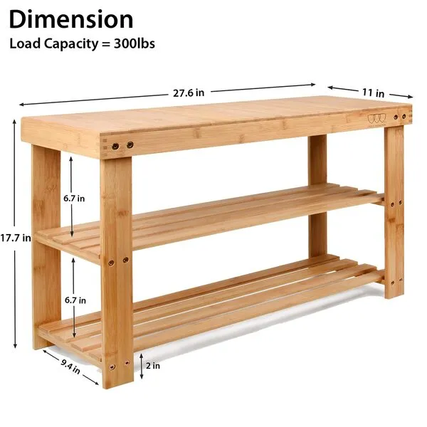 Gold Armour 3-Tier Bamboo Shoe Rack Bench, 27.6in L x 17.7in H x 11in W, Natural Color