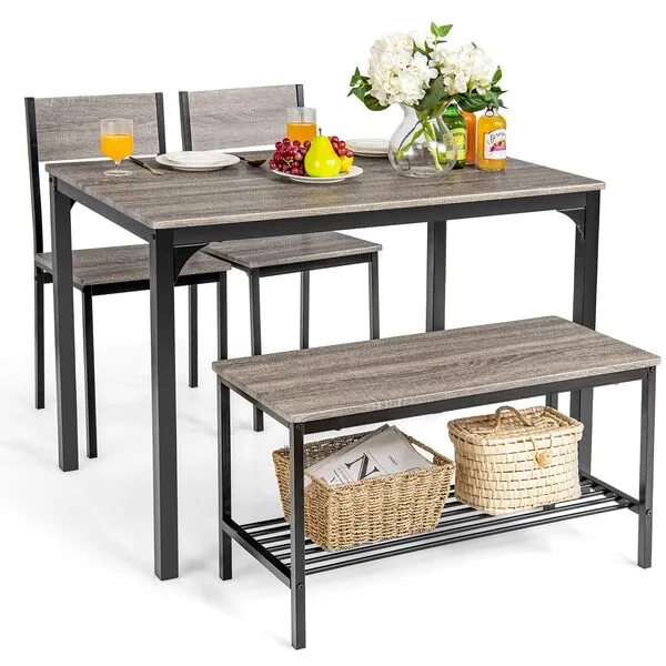 Giantex Dining Table Set for 4, Kitchen Table with Bench and Chairs, Industrial Gathering Bench Dining Set W/Metal Frame & Storage Rack, Dinette Set, Modern Functional Desk Set (Black Oak)