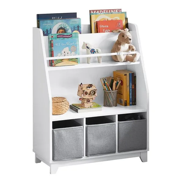 SoBuy Kids Bookshelf with Toy Storage Organizer, 3 Storage Baskets, Bookcase Storage Display Rack for Toddler Children Playroom Nursery Kidsroom, White, KMB34-W
