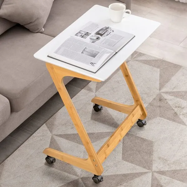 Nnewvante Sofa Side End Table with Wheels/Casters Couch TV Laptop Desk Snack Tray for Living Room Bedroom Small Spaces White Bamboo 23.5\'\' x 15.8\'\'