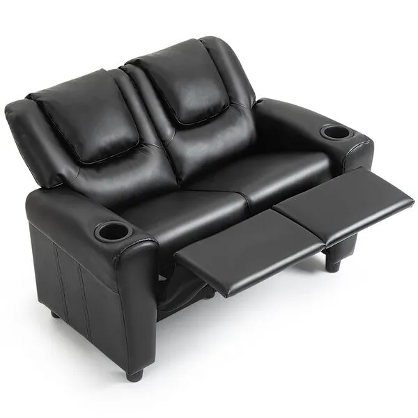 AVAWING Kids Recliner Chair, Double PU Leather Kids Loveseat w/Cup Holder, Lounge Sofa Chair w/Adjustable Footrest & Headrest for Boys Girls 3+ Age Group, Black