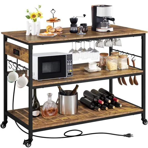 Yaheetech Kitchen Island with Power Outlet, Rolling Kitchen Cart with Wine Rack & Glass Holder & Hooks, Coffee Bar Microwave Stand Wine Rack Table for Dining Room, 47.5
