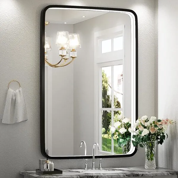 FTOTI 36x24 Inch LED Bathroom Mirror with Lights, Black Metal Frame Mirror, Wall Mounted Lighted Vanity Mirrors for Wall, Anti Fog Dimmable Led Mirror for Makeup
