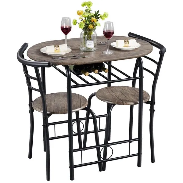 Yaheetech 3 Piece Dining Table Set, Kitchen Table & Chair Sets for 2, Compact Bistro Table Set with Steel Legs, Built-in Wine Rack for Small Space, Apartment, Breakfast Nook, Drift Brown