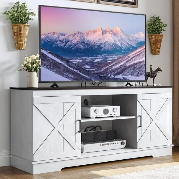 YITAHOME TV Stand for 65 Inch TV, Farmhouse Entertainment Center with Double Barn Doors and Storage Cabinets, Rustic TV Cabinet Media Console Table for Living Room, 59 Inch, Grey White/Espresso