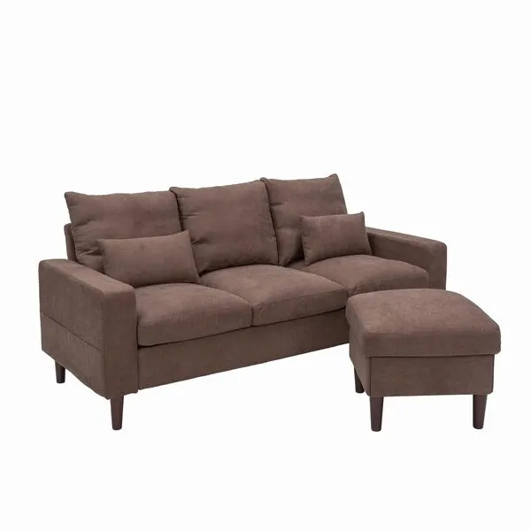 Panana 3 Piece Small Sofa Set, Sectional Sofa Loveseat with Ottoman for Small Space Living Room Apartment (Brown)