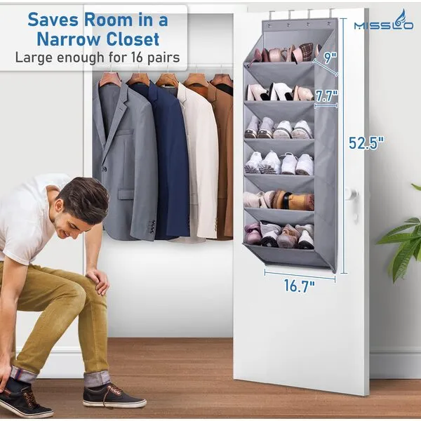 MISSLO Door Shoe Rack with Deep Pockets for 12 Pairs of Shoe Organizer Over the Door Hanger for Closet and Dorm Narrow Storage, Grey