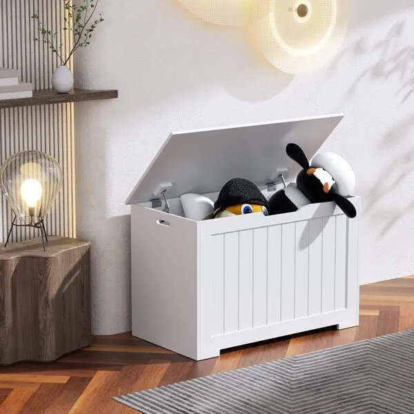 Epetlover Toy Box Storage Chest for Girls Boys, Wooden Trunk Bench w/Flip-top Lid & Safety Hinge, Kids Play Room Nursery Organizer, Bedroom Storage w/ 100L Storage Area (White)