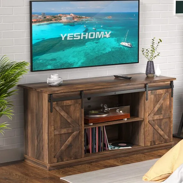 YESHOMY TV Stand for Televisions up to 65 Inchs, with Sliding Barn Doors and Storage Cabinets, Console Table and Media Furniture for Living Room, 58 Inch, Barnwood