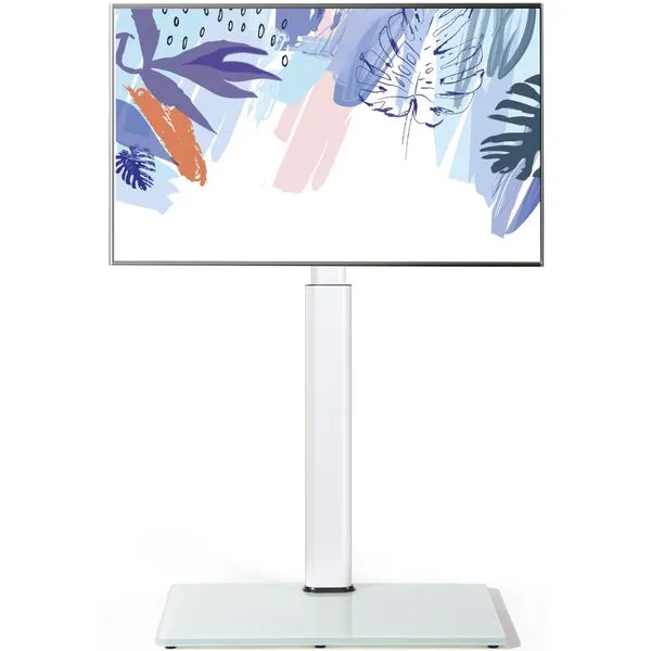 FITUEYES Universal TV Stand for 32 39 40 43 49 50 55 60 Inch TVs, TV Floor Stand with Swivel Mount, Max Holds 66lbs, White Glass Base, Height Adjustable, Perfect for Corner & Bedroom