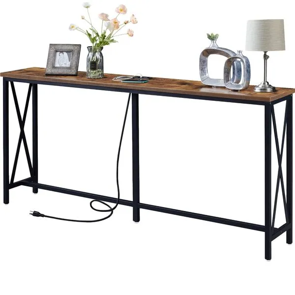 SUPERJARE 70 Inch Console Table with Outlet, Extra Long Entryway Table with Metal Frame and X-Shaped Design, Narrow Sofa Table for Living Room and Hallway - Rustic Brown