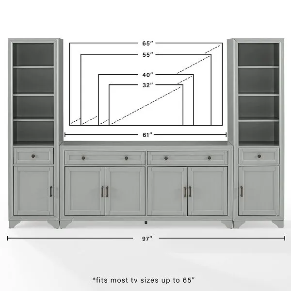 Crosley Furniture Tara 3-Piece Entertainment Set with Sideboard and 2 Bookcases, Distressed Gray