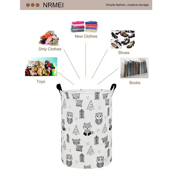 NRMEI Round Storage Basket Laundry Foldable Waterproof Coating Nursery Hamper for Living Room Bedroom and Clothes Toys(Round Pine Animal), 19.7 In H x 15.7 D inches, inches
