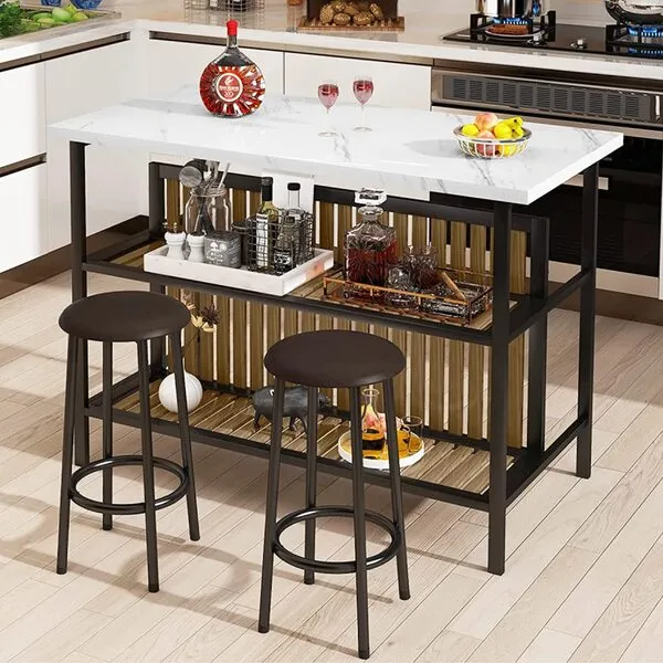 AWQM Kitchen Island Table with Seating and Storage, 3 Piece Bar Table Set for 2, Kitchen Bar Table and Chairs Set with Shelves,Faux Marble Dining Table Set for 2, Small Space,White