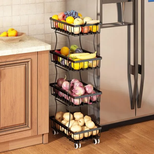 Wisdom Star 4 Tier Fruit Vegetable Basket for Kitchen, Storage Cart, Vegetable Basket Bins, Wire Storage Organizer Utility Cart with Wheels, Medium, Black