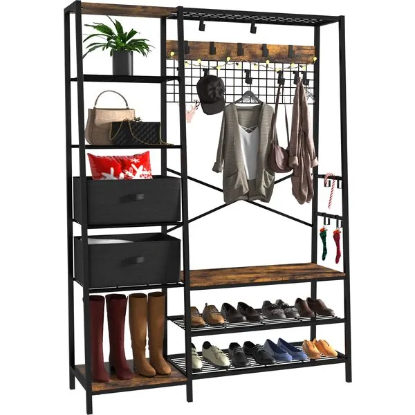 LGHM Modern Versatile Hall Tree with 10 Fixable Metal Hooks, Coat Rack Stand with 6 Side Shelves, Entryway Shoe Bench with Adjust Coat Rack, Top Mesh Shelf, 2 Fabric Box Rustic Brown