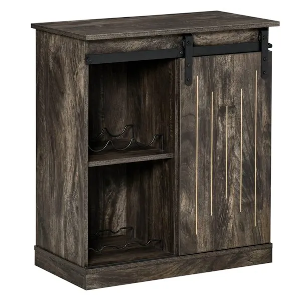 HOMCOM Industrial Wine Cabinet, Sideboard Storage Cabinet, Serving Bar Buffet with Sliding Barn Door and 6-Bottle Wine Rack, Gray