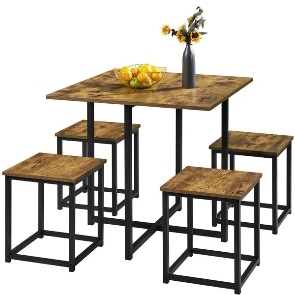 Yaheetech 5 Piece Dining Table & Chair Set - Compact Wood Table Sets Home Furniture for Kitchen Dining Room Small Space -Rustic Brown