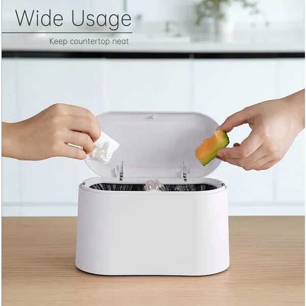 MONGTINGLU Mini Trash Can with Lid Removable Small Garbage Can, Tiny Plastic Trash Bin, Pop Up Countertop Wastebasket, Counter Garbage Lint Bin for Bathroom,Office,Kitchen,Desk(White)