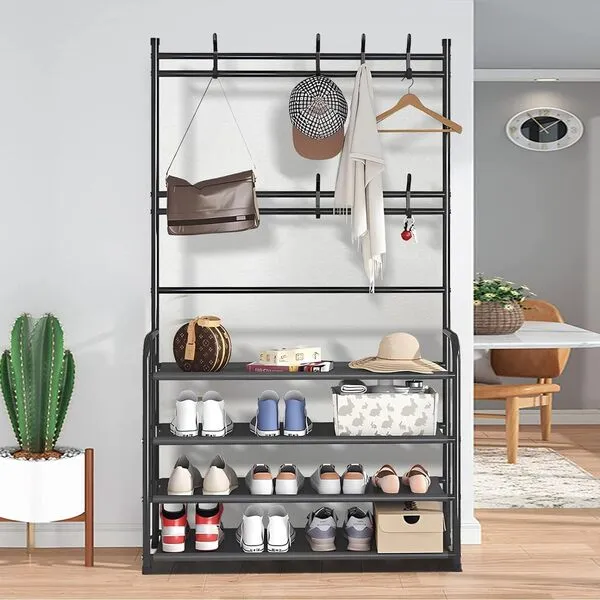 WEECRON Shoe Rack Coat Rack Freestanding Shoe Shelf Storage Organizer with Hooks for Entryway Bedroom Closet, 4 Tier Black