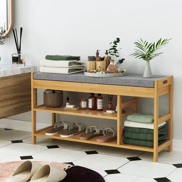 HIFIT Bamboo Shoe Bench Rack with Storage, Entryway Storage Bench with Padded Seat, Shoe Oiganizer Shelf for Entryway Mudroom Bathroom Hallway, Natural