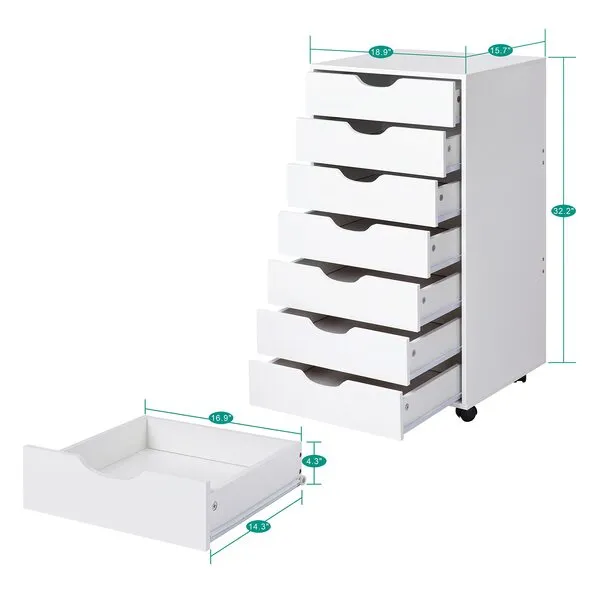 Naomi Home 7 Drawer Dresser for Bedroom, Stylish Tall Dressers with Wheels, Storage Shelves, Small Dresser for Closet, Makeup Dresser with 180 lbs Capacity - White