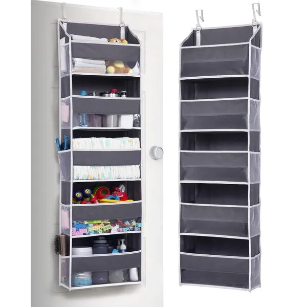 ULG 1 Pack Over Door Organizer with 5 Large Pockets 10 Mesh Side Pockets, 44 lbs Weight Capacity Hanging Storage Organizer with Clear Window Kids Toys, Shoes, Diapers, Dark Grey, 5 Layers