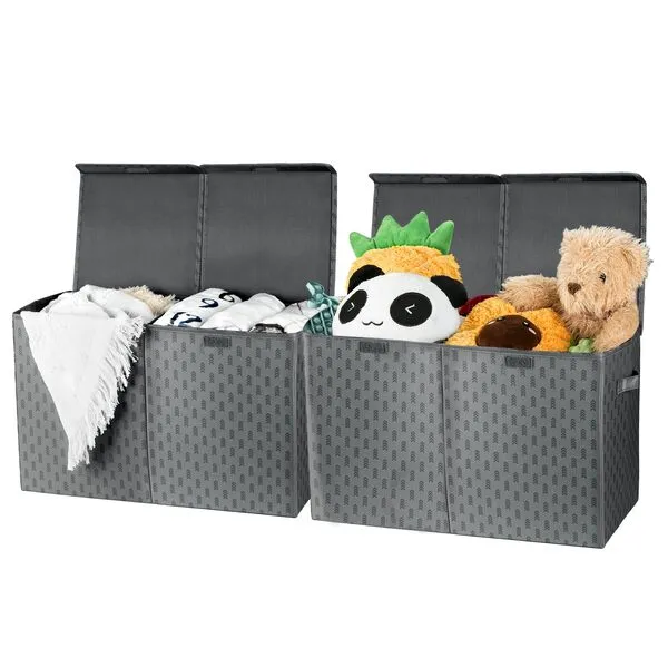 Hula Home Storage Chest (2pc) | Large | Collapsible Polyester Linen Fabric Storage Bins w/Lids | Large Foldable Box Organizer Closet with Cover for Home Bedroom Office Kitchen (Gray)