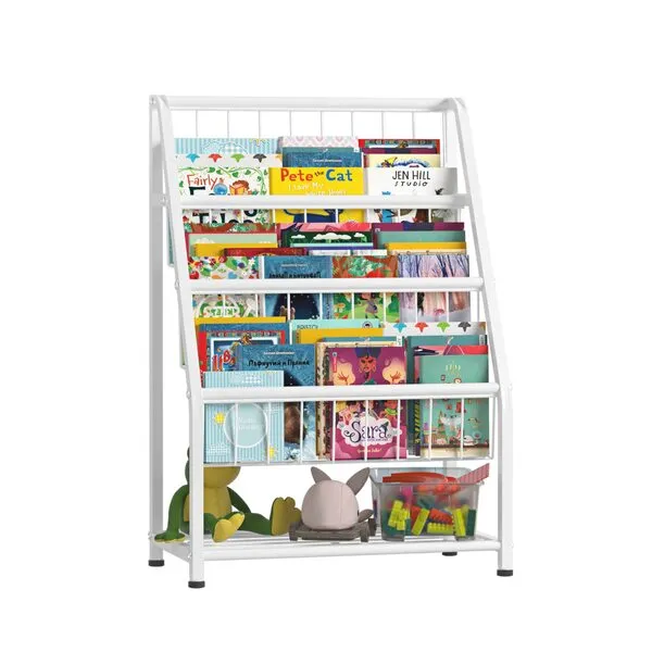 JAQ Bookshelf for Toddlers, 4-Tier Metal Kids Bookshelves Rack with Toy Storage Organizer in Bedroom Study Room Playrooms Nursery for Infants Baby Young Children (4-Tier/ 28.35inch, White)
